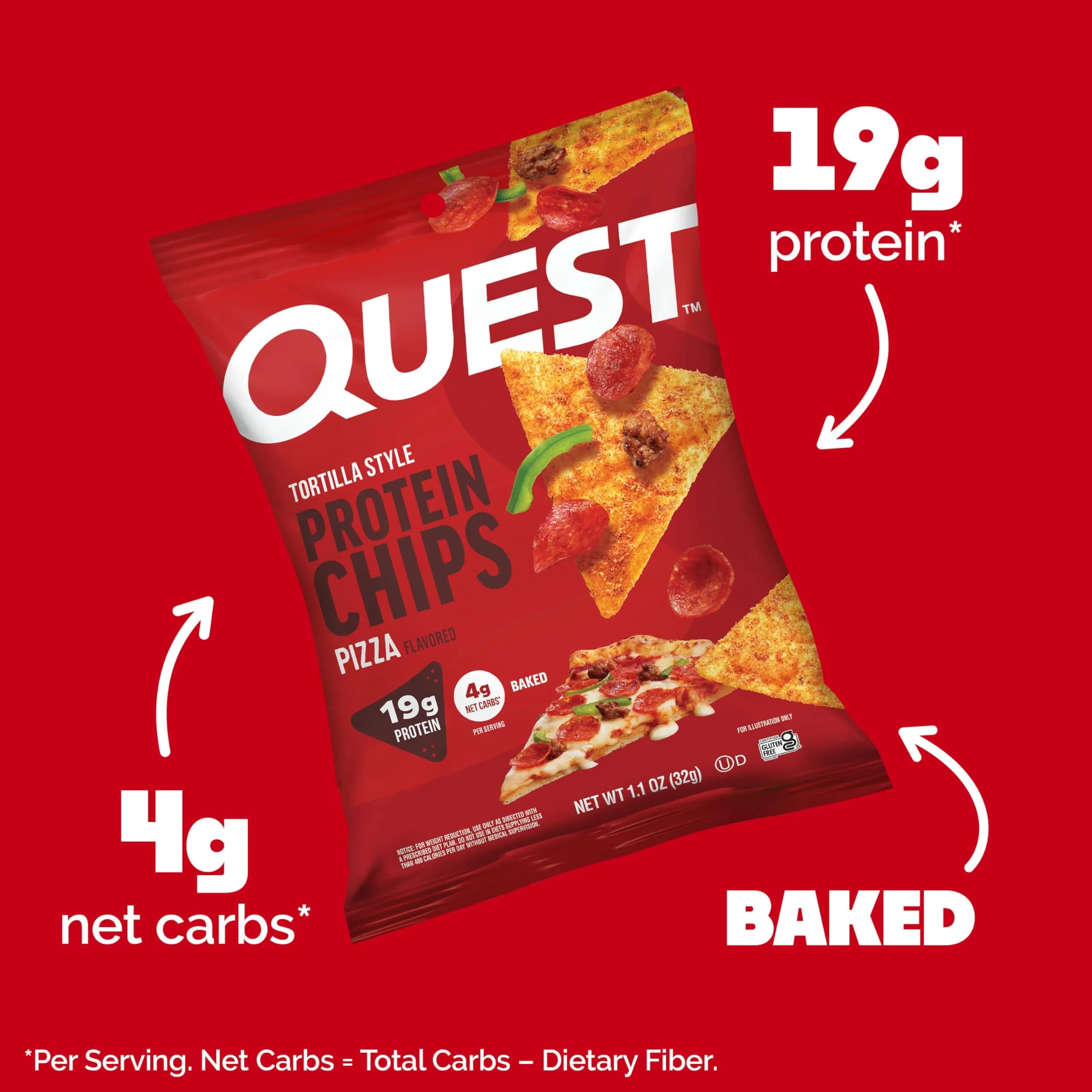Quest Pizza Flavored Tortilla Style Protein Chips 19g Protein 4g Net Carbs 12 Count (1.01 oz bags) - view 2