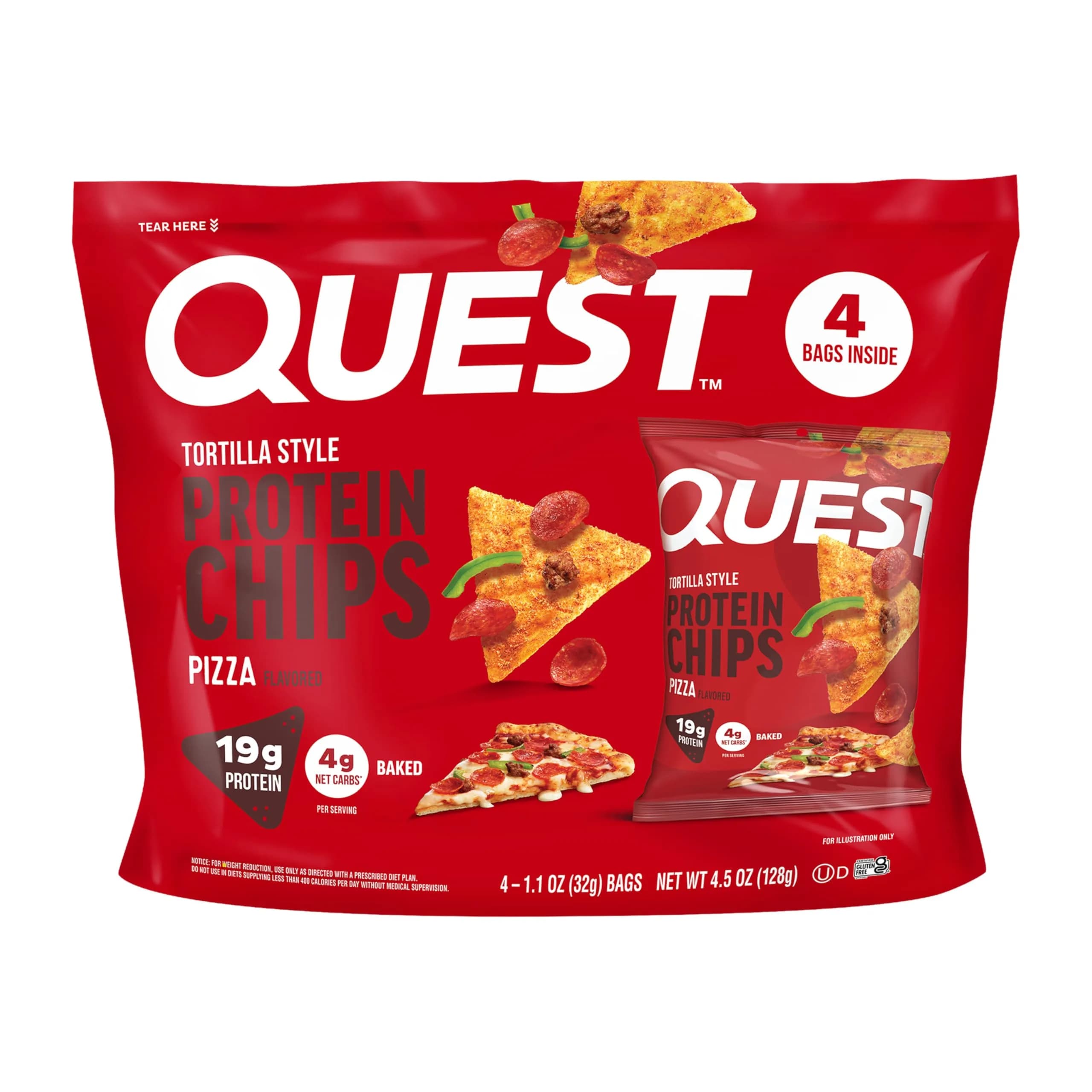 Quest Pizza Tortilla Style Protein Chips, 19g Protein, 4g Net Carb, Gluten Free, 1.01oz (4 Count) - main product image