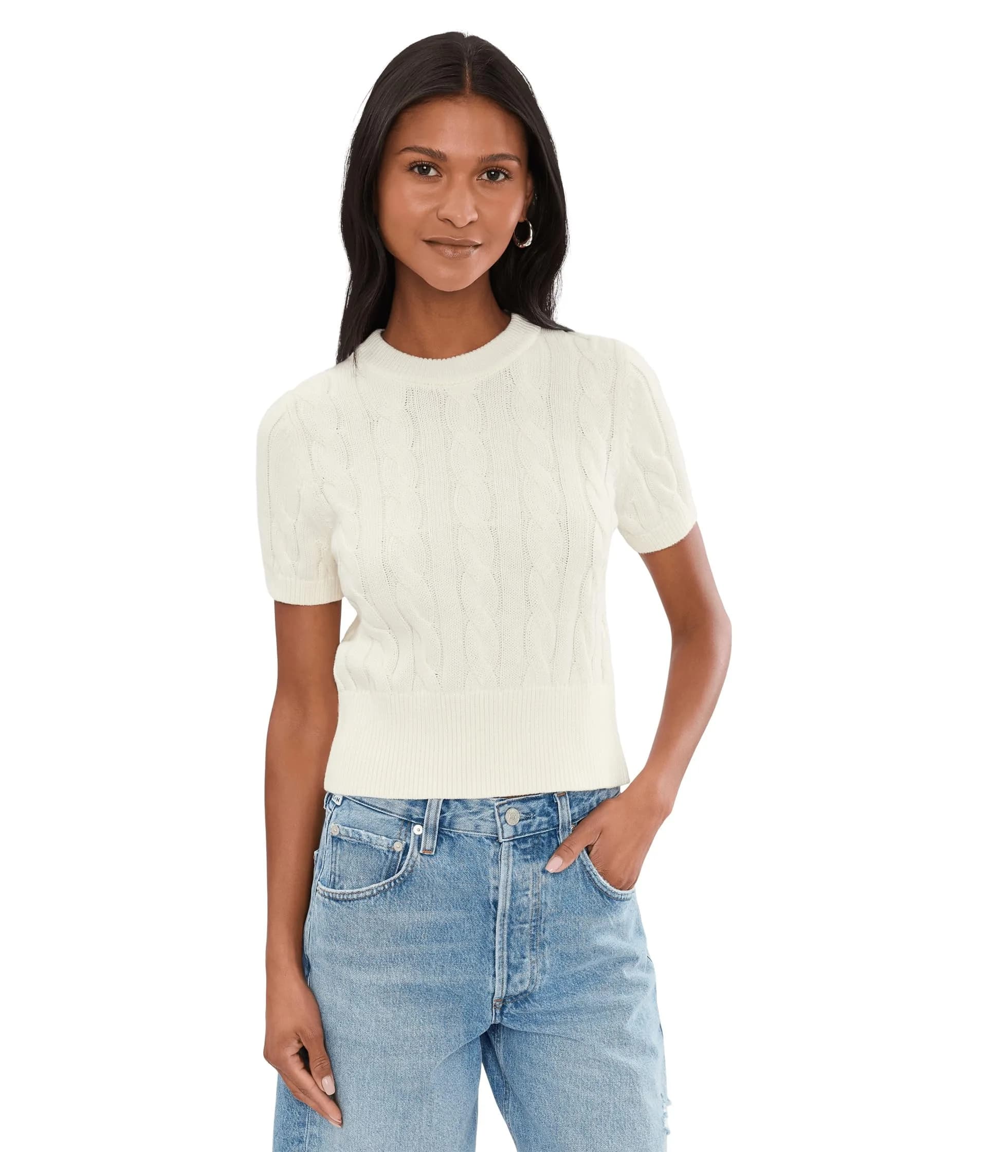 525 America Womens Sky Cable Crew Neck Pullover Chalk XS | Classic Cotton Knit — Chalk