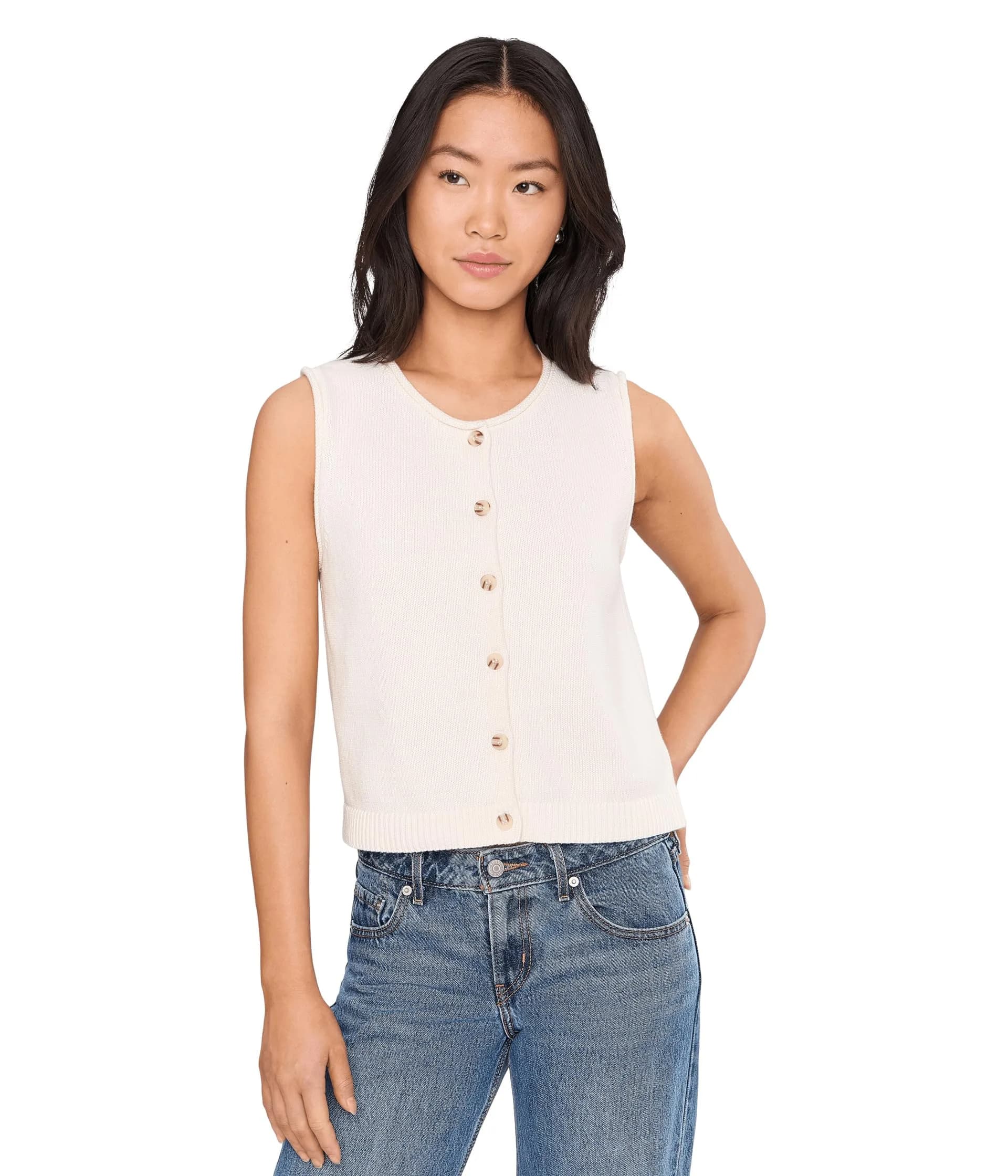 525 America Womens Marianna Rolled Edge Button Front Vest Chalk XL | Modern Minimalist Sleeveless Cotton