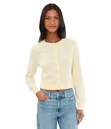 525 America Womens Cleo Saddle Shoulder Cardigan Lemon Icing | Regular Fit, Crew Neck, 97% Cotton, 3% Nylon, One Size thumbnail 1