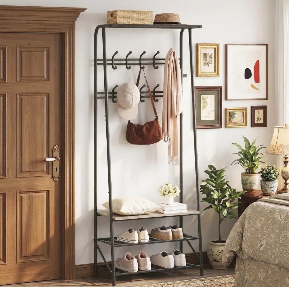 OUTLANE Entryway Hall Tree with 10 Hooks, Shoe Bench & Storage Shelf | Modern Coat Rack Organizer in Gray-Double row
