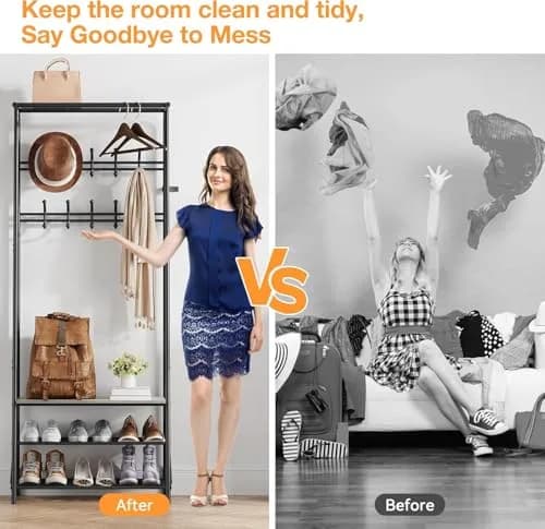 OUTLANE Entryway Hall Tree with 10 Hooks, Shoe Bench & Storage Shelf | Modern Coat Rack Organizer in Gray-Double row thumbnail 9