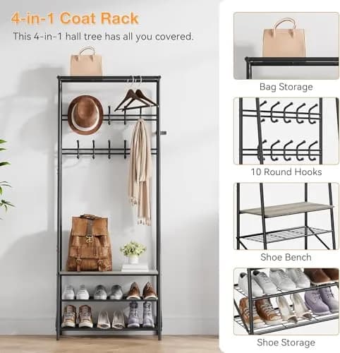 OUTLANE Entryway Hall Tree with 10 Hooks, Shoe Bench & Storage Shelf | Modern Coat Rack Organizer in Gray-Double row thumbnail 10
