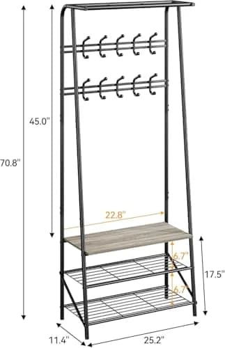 OUTLANE Entryway Hall Tree with 10 Hooks, Shoe Bench & Storage Shelf | Modern Coat Rack Organizer in Gray-Double row thumbnail 3