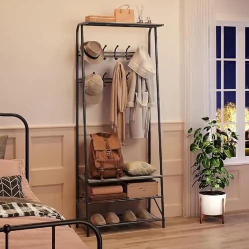 OUTLANE Entryway Hall Tree with 10 Hooks, Shoe Bench & Storage Shelf | Modern Coat Rack Organizer in Gray-Double row thumbnail 4