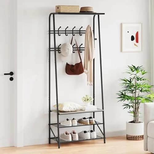 OUTLANE Entryway Hall Tree with 10 Hooks, Shoe Bench & Storage Shelf | Modern Coat Rack Organizer in Gray-Double row thumbnail 5