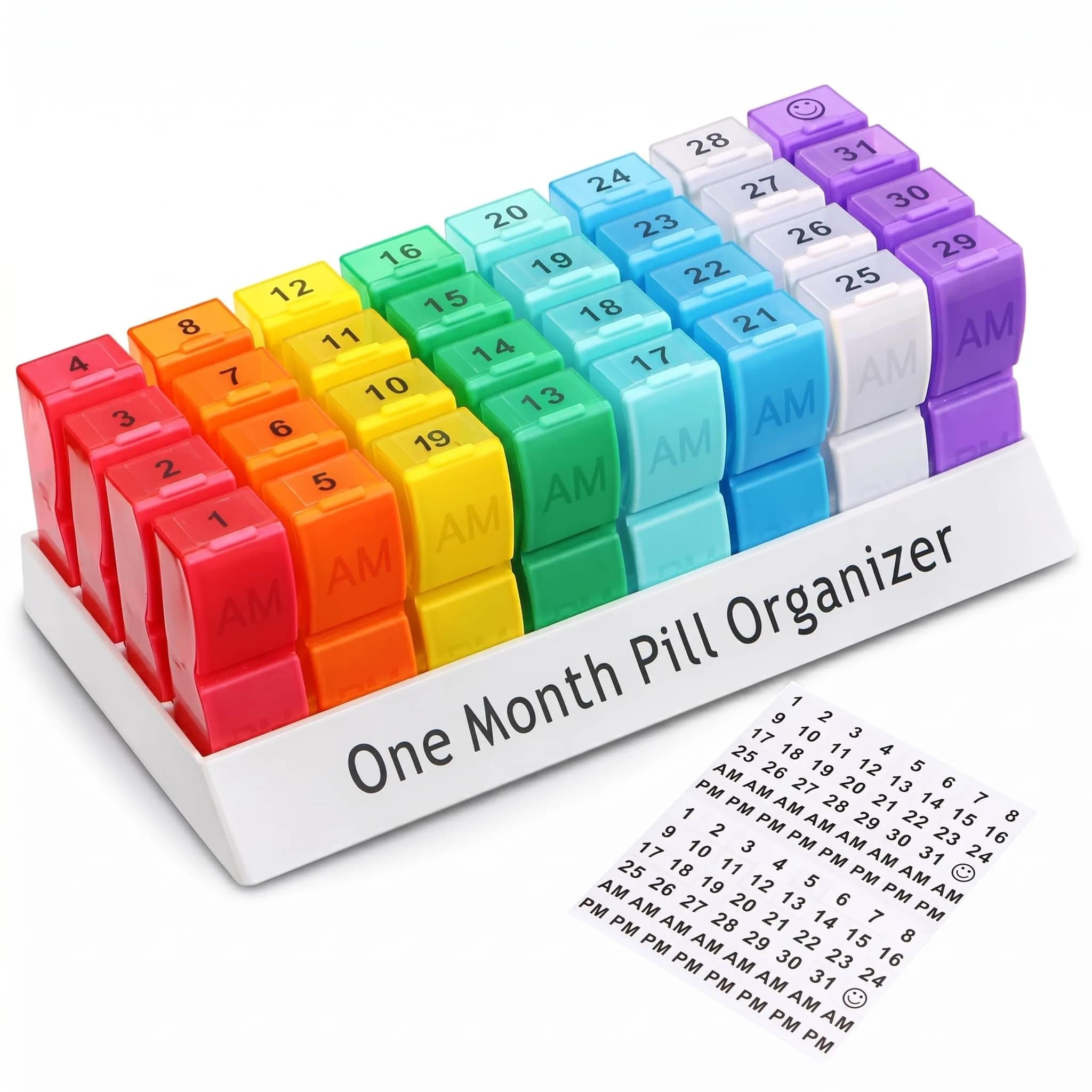 CAidRE Monthly Pill Organizer AM PM, 31 Day Travel Pill Box with Detachable Pods | FDA Approved Personal Pill Dispenser — Translucent Multi-colored