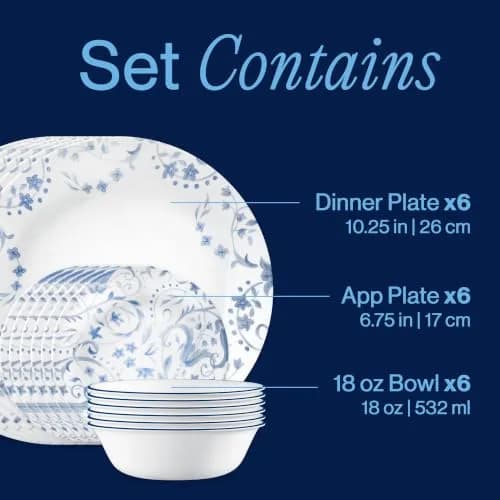 Corelle Darlington 18-Piece Dinnerware Set for 6 | Chip-Resistant, Lightweight Vitrelle Glass thumbnail 2