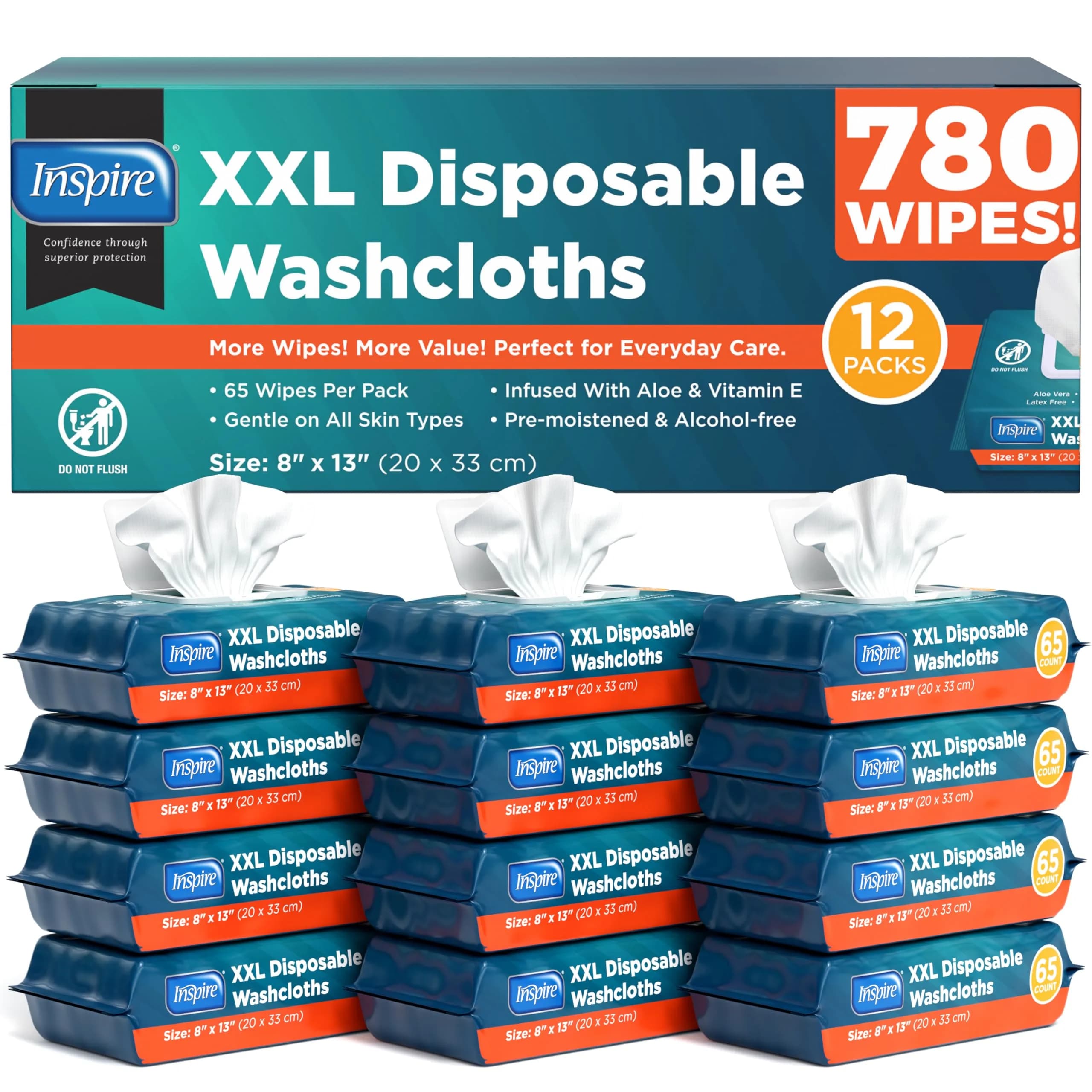 Inspire Adult Wet Wipes, Wash Cloths for Incontinence & Cleansing for Elderly, 8"x13" (780 Count) | Hypoallergenic & Fragrance-Free - main product image