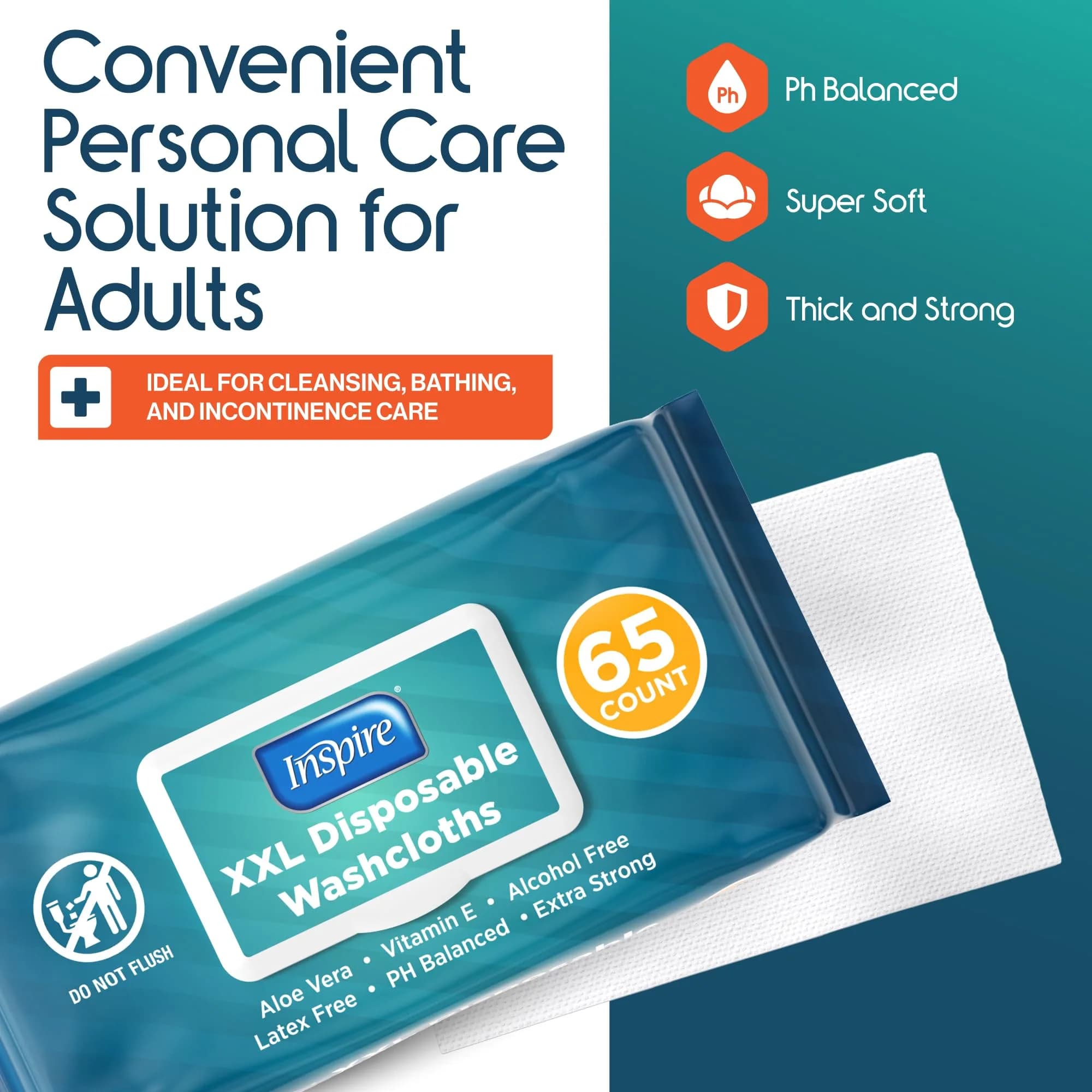 Inspire Adult Wet Wipes, Wash Cloths for Incontinence & Cleansing for Elderly, 8"x13" (780 Count) | Hypoallergenic & Fragrance-Free - view 2