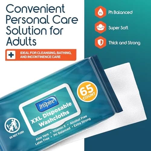 Inspire Adult Wet Wipes, Wash Cloths for Incontinence & Cleansing for Elderly, 8"x13" (780 Count) | Hypoallergenic & Fragrance-Free thumbnail 2