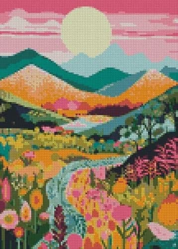 MjhRcll Abstract Landscape Stamped Cross Stitch Kit 12x16 Inch | Mountain Flowers Design for Adults Beginners thumbnail 2