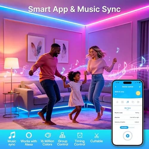 TJOY 90FT Smart LED Strip Lights | Music Sync, RGB Color Changing Lights for Room Decor thumbnail 3