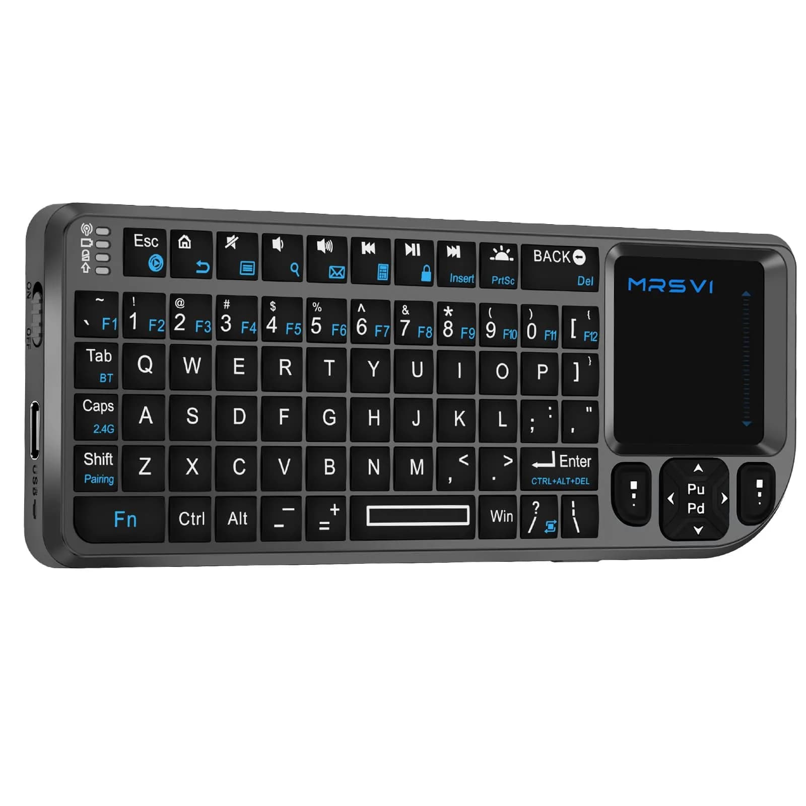 MRSVI Mini Keyboard with Touchpad | Bluetooth & 2.4G Dual-Mode, Rechargeable, 7-Color Backlit, Portable for Tablet/PC/Phone/TV — Black