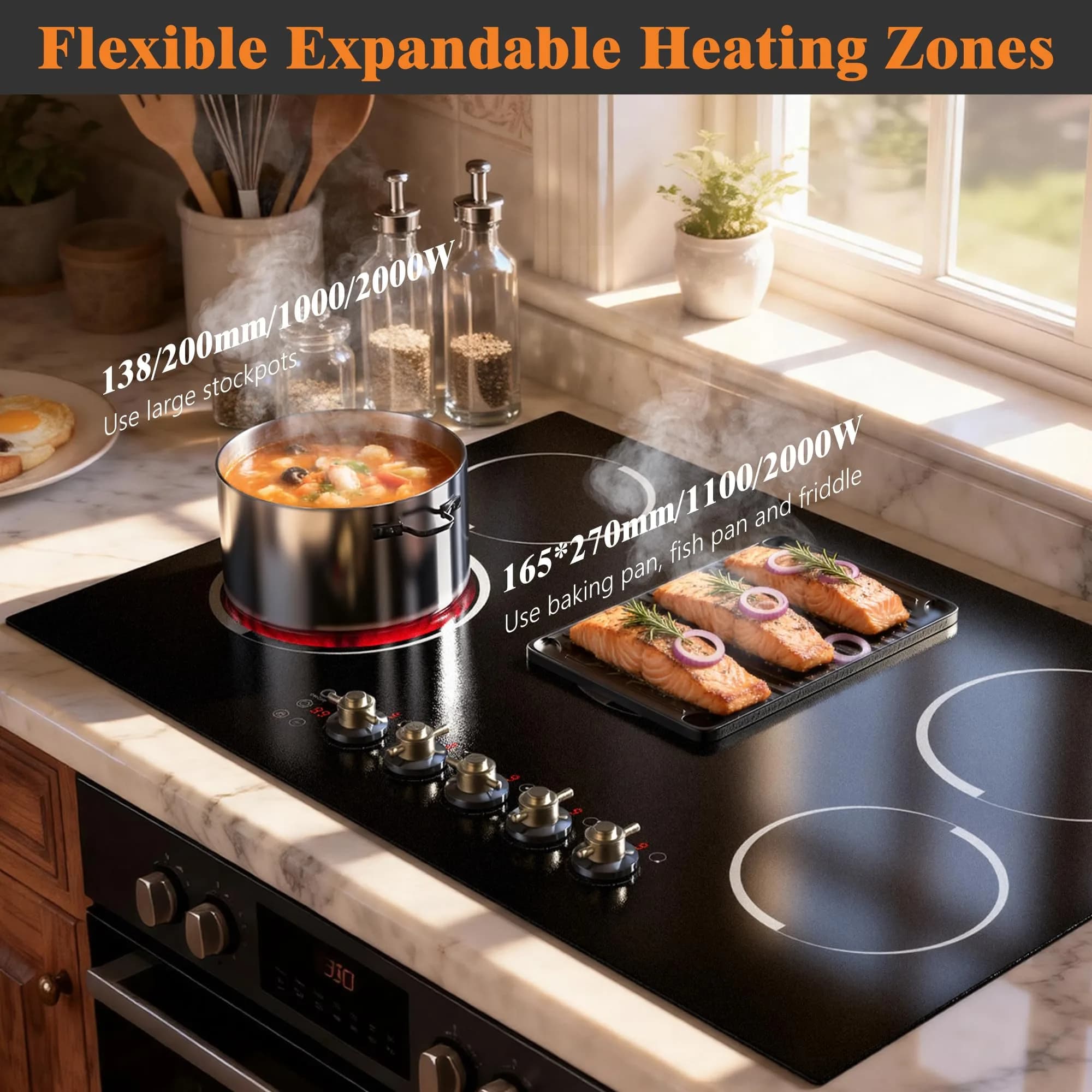 Jessier 30 Inch 8400W Electric Cooktop with 5 Burners & Dual Ring | 220V Built-In Ceramic Glass - view 5
