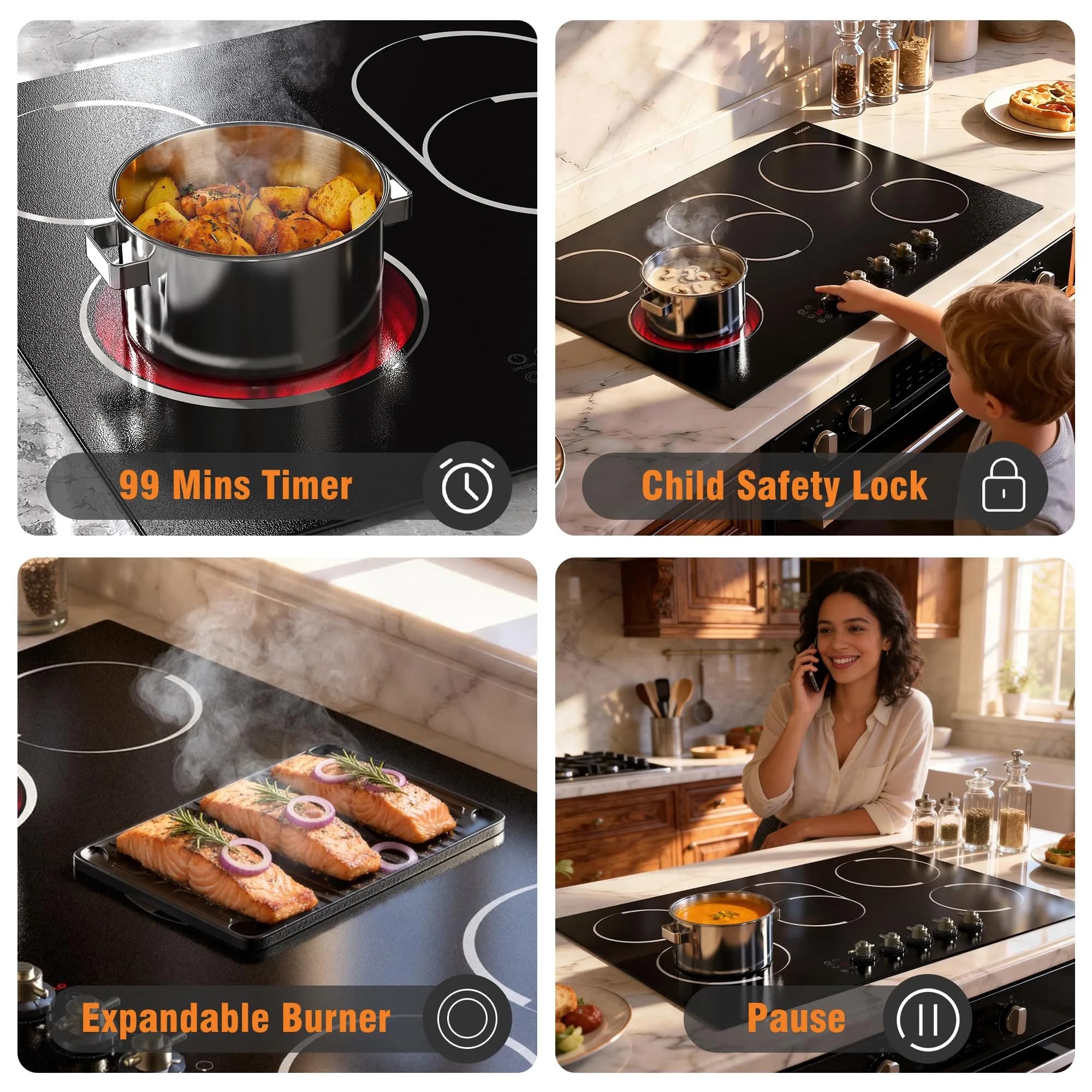 Jessier 30 Inch 8400W Electric Cooktop with 5 Burners & Dual Ring | 220V Built-In Ceramic Glass - view 6