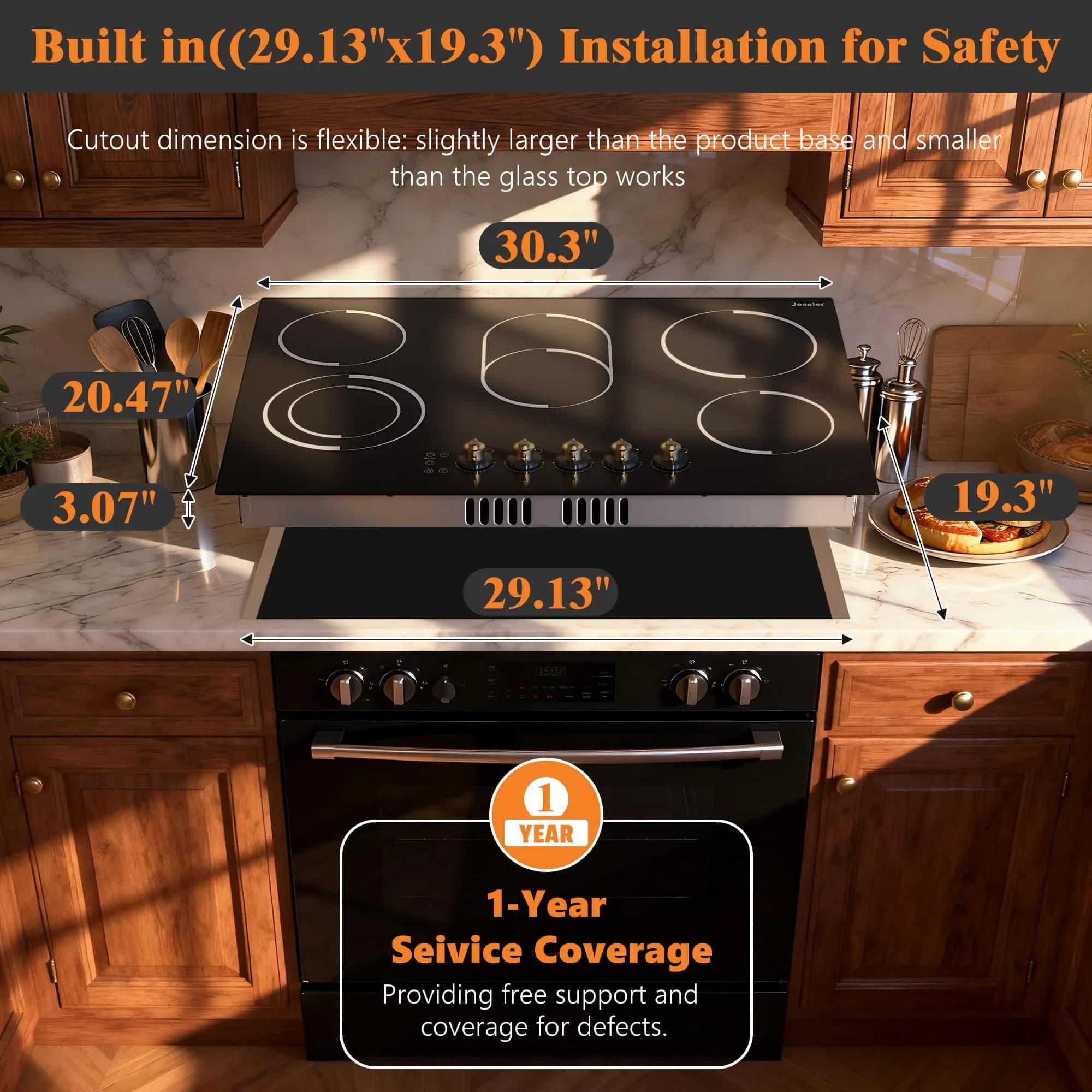 Jessier 30 Inch 8400W Electric Cooktop with 5 Burners & Dual Ring | 220V Built-In Ceramic Glass - view 2