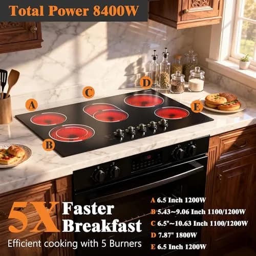 Jessier 30 Inch 8400W Electric Cooktop with 5 Burners & Dual Ring | 220V Built-In Ceramic Glass thumbnail 3
