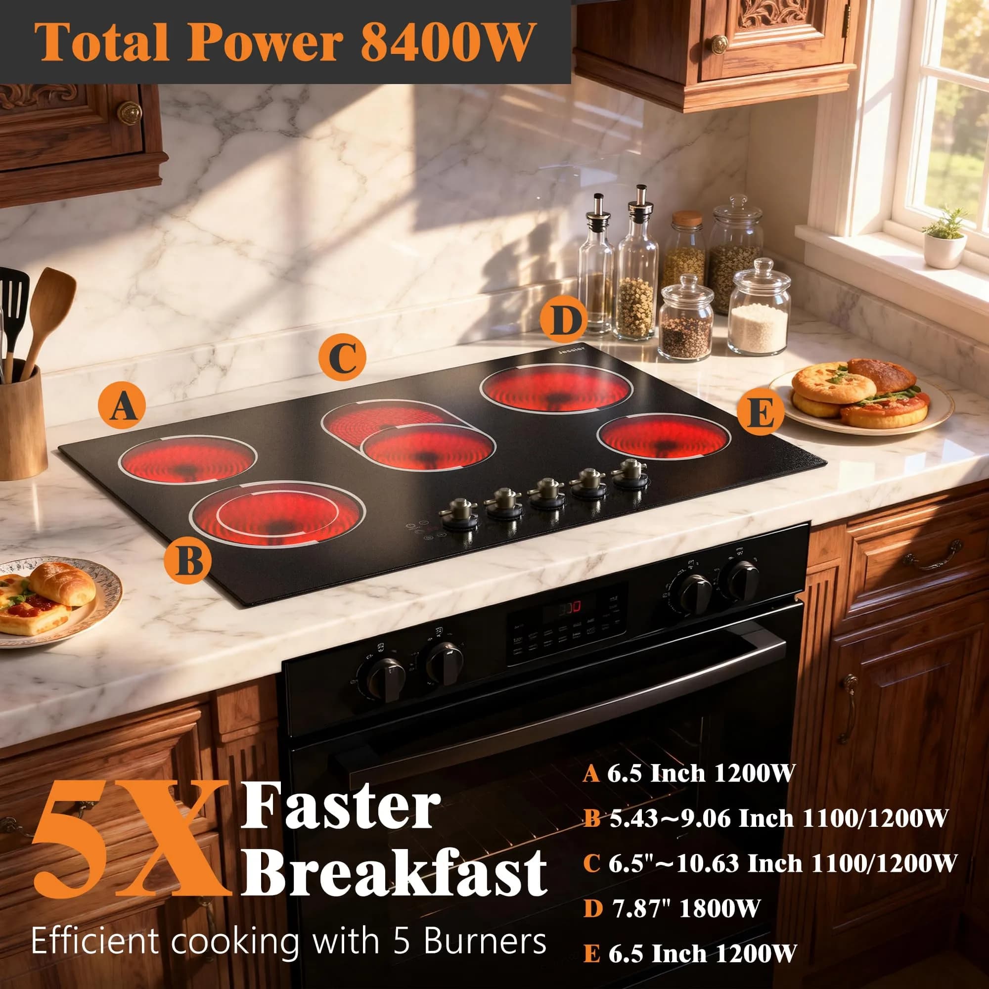 Jessier 30 Inch 8400W Electric Cooktop with 5 Burners & Dual Ring | 220V Built-In Ceramic Glass - view 3
