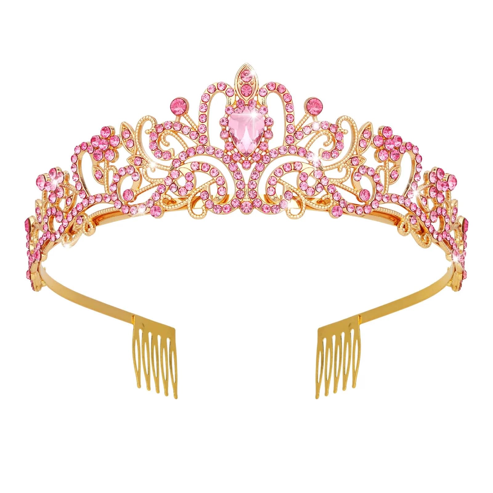 CAVETEE Pink Crystal Tiara for Women Girls | Gold Plated Princess Crown with Rhinestones, Bridal Prom Birthday Party Headpiece (1 pc) - main product image