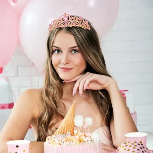 CAVETEE Pink Crystal Tiara for Women Girls | Gold Plated Princess Crown with Rhinestones, Bridal Prom Birthday Party Headpiece (1 pc) thumbnail 4
