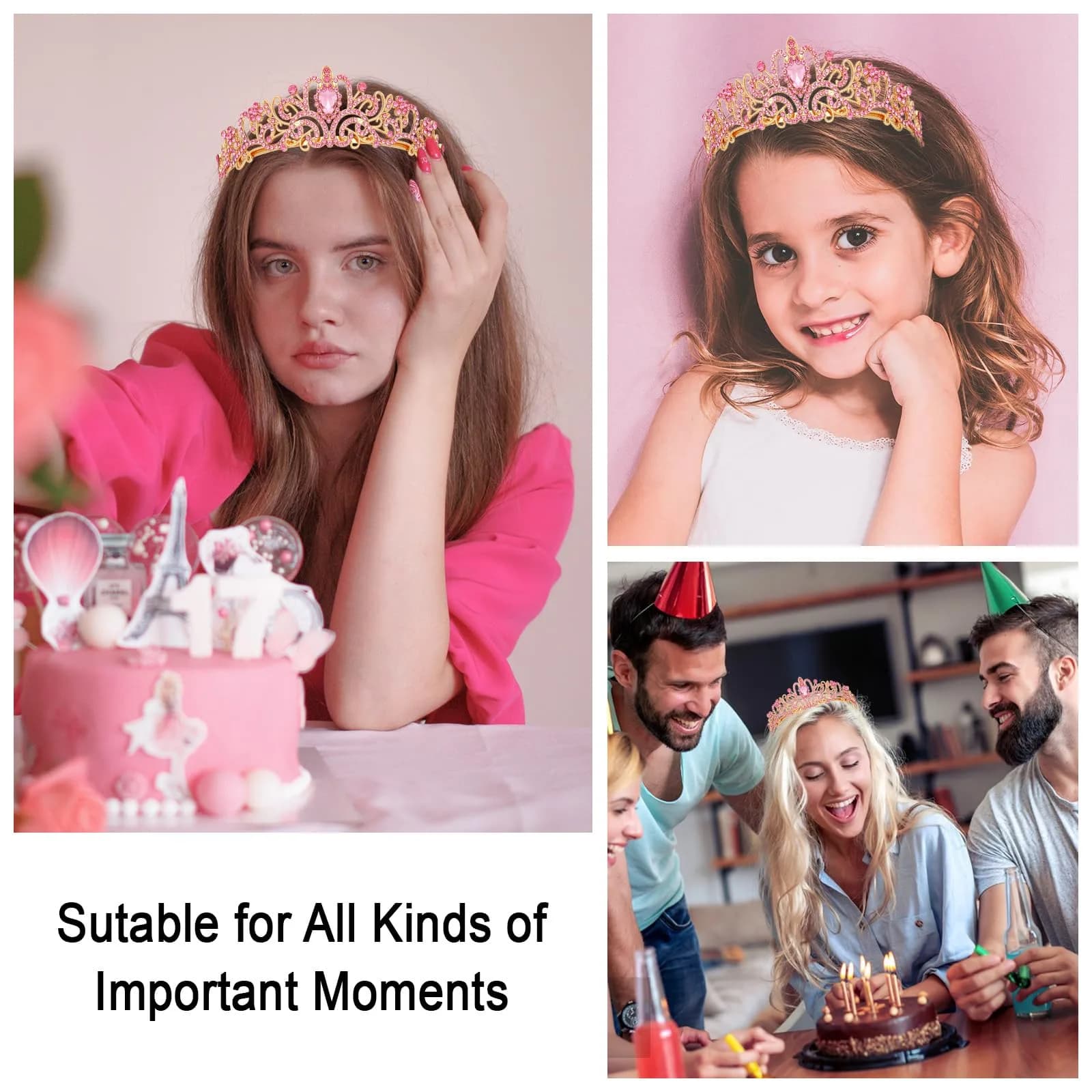 CAVETEE Pink Crystal Tiara for Women Girls | Gold Plated Princess Crown with Rhinestones, Bridal Prom Birthday Party Headpiece (1 pc) - view 5
