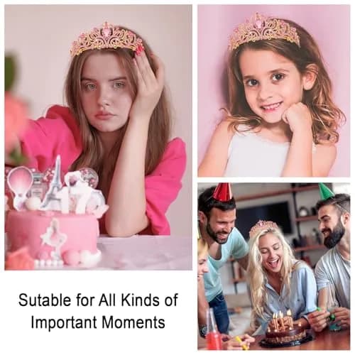 CAVETEE Pink Crystal Tiara for Women Girls | Gold Plated Princess Crown with Rhinestones, Bridal Prom Birthday Party Headpiece (1 pc) thumbnail 5