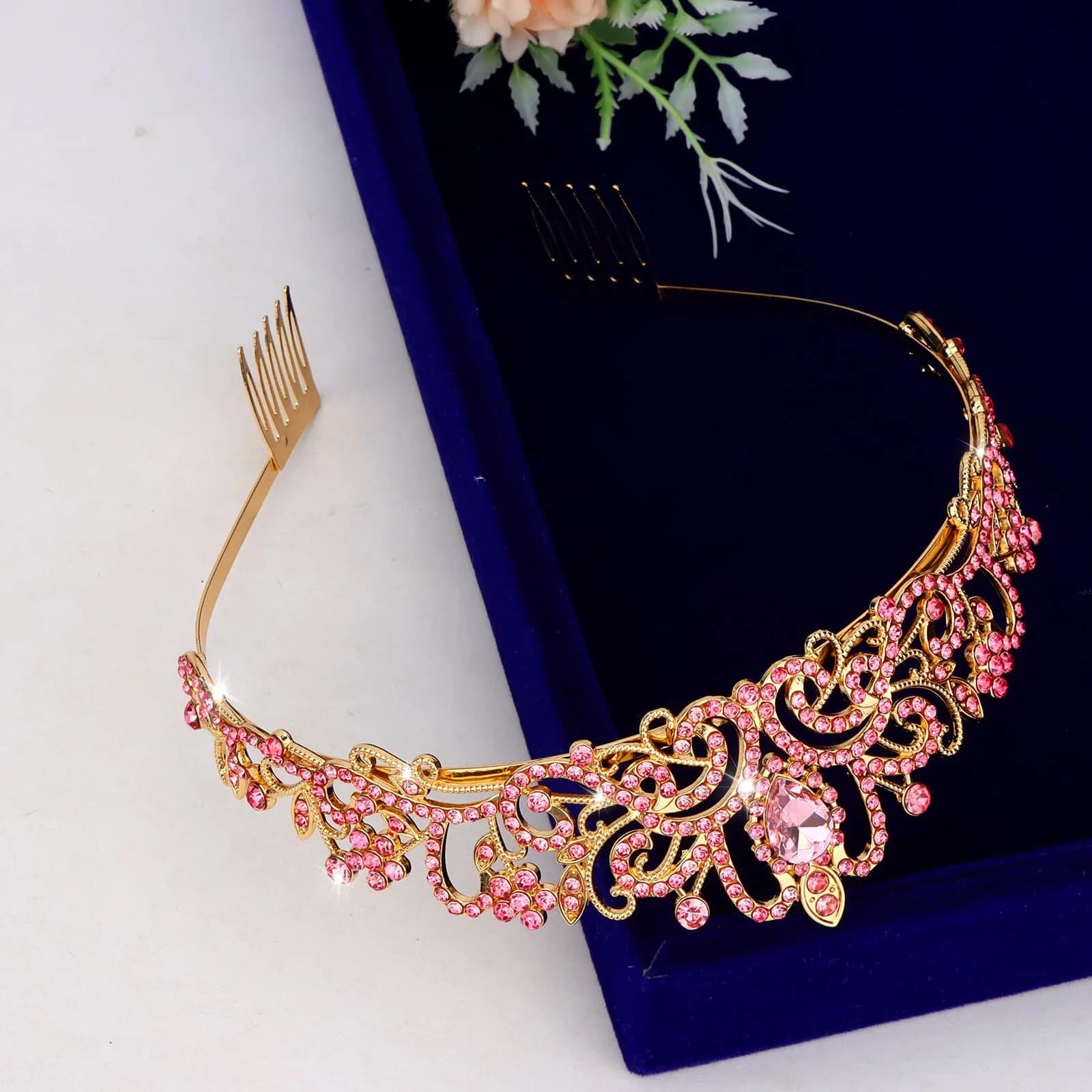 CAVETEE Pink Crystal Tiara for Women Girls | Gold Plated Princess Crown with Rhinestones, Bridal Prom Birthday Party Headpiece (1 pc) - view 7