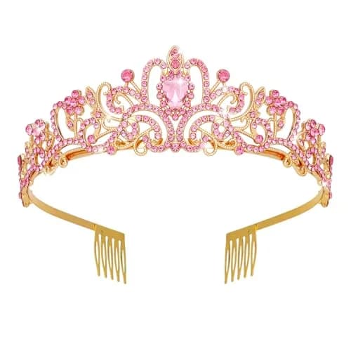 CAVETEE Pink Crystal Tiara for Women Girls | Gold Plated Princess Crown with Rhinestones, Bridal Prom Birthday Party Headpiece (1 pc) thumbnail 1