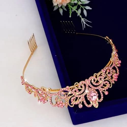 CAVETEE Pink Crystal Tiara for Women Girls | Gold Plated Princess Crown with Rhinestones, Bridal Prom Birthday Party Headpiece (1 pc) thumbnail 7