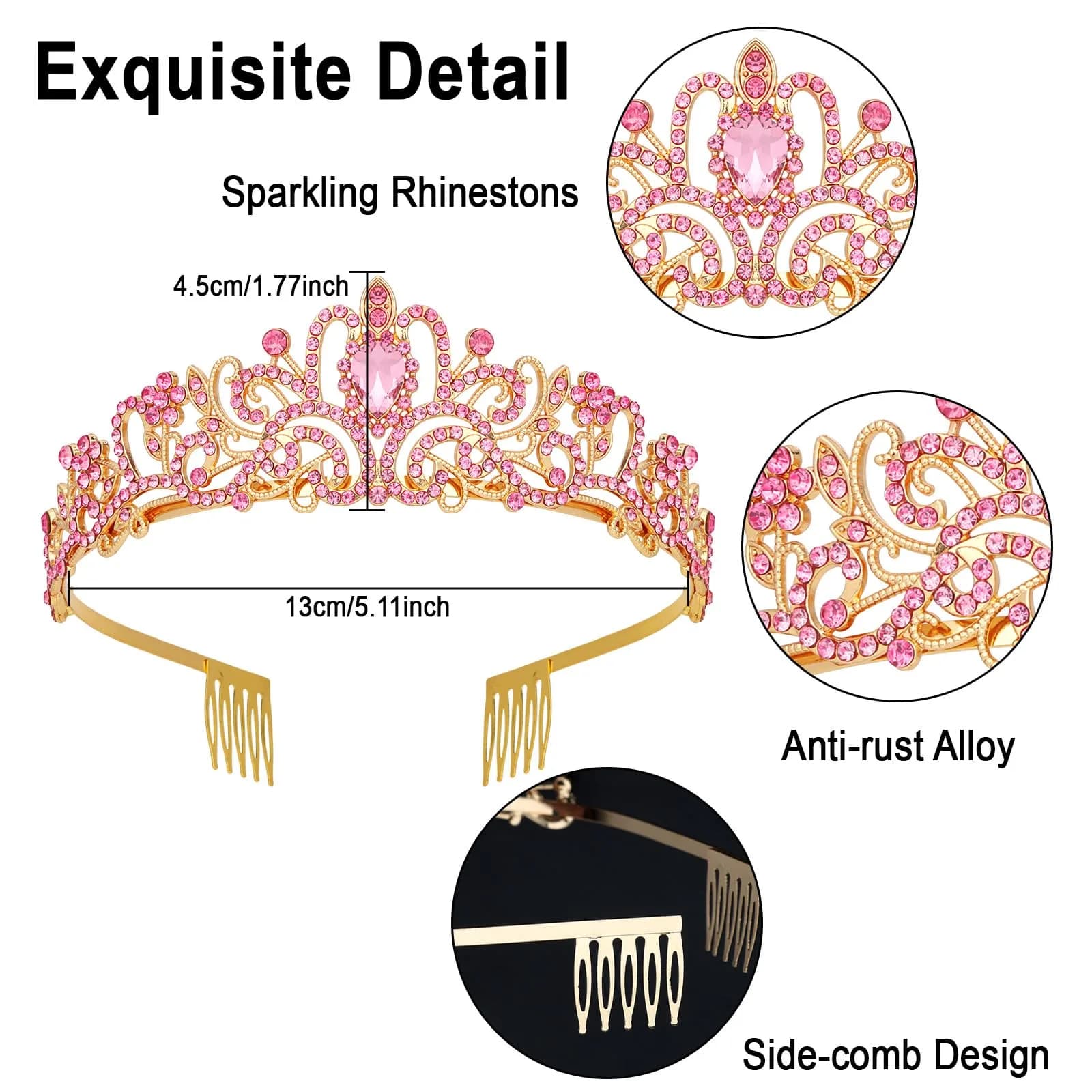 CAVETEE Pink Crystal Tiara for Women Girls | Gold Plated Princess Crown with Rhinestones, Bridal Prom Birthday Party Headpiece (1 pc) - view 3