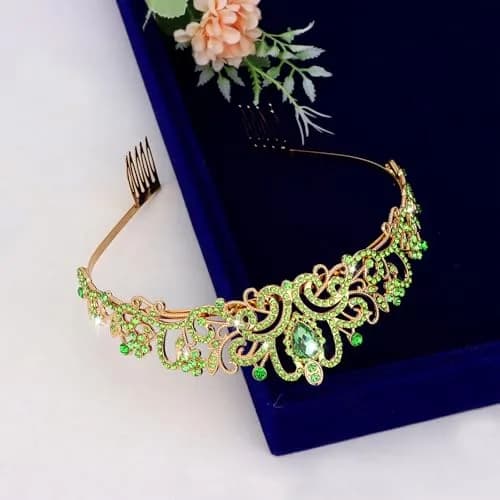 CAVETEE Green Crystal Tiara for Women & Girls | Gold-Plated Princess Crown with Rhinestones (1 pc) thumbnail 7