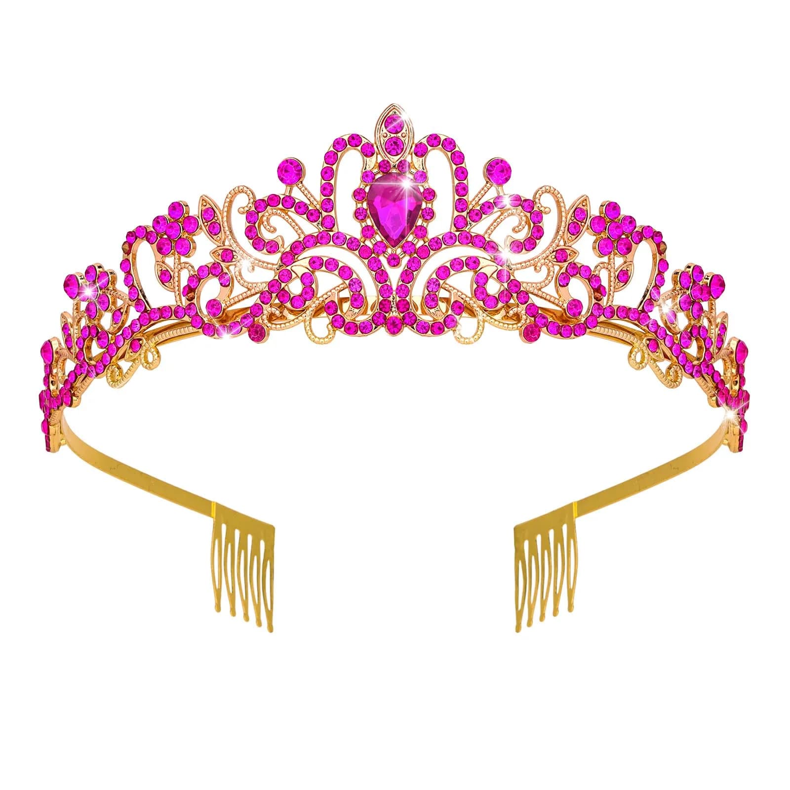 CAVETEE Hot Pink Crystal Tiara Headband for Women | Gold-Plated, Floral Pattern, One Size - main product image