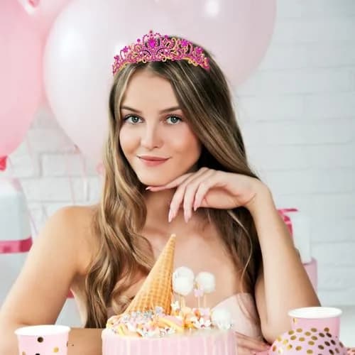 CAVETEE Hot Pink Crystal Tiara Headband for Women | Gold-Plated, Floral Pattern, One Size thumbnail 6