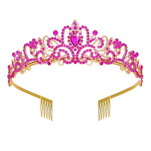 CAVETEE Hot Pink Crystal Tiara Headband for Women | Gold-Plated, Floral Pattern, One Size thumbnail 1