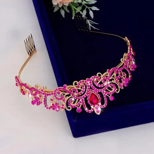 CAVETEE Hot Pink Crystal Tiara Headband for Women | Gold-Plated, Floral Pattern, One Size thumbnail 7