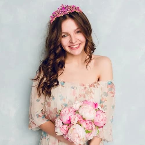 CAVETEE Hot Pink Crystal Tiara Headband for Women | Gold-Plated, Floral Pattern, One Size thumbnail 2