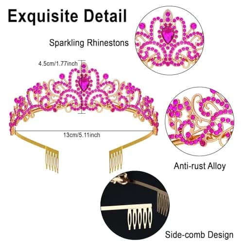 CAVETEE Hot Pink Crystal Tiara Headband for Women | Gold-Plated, Floral Pattern, One Size thumbnail 3