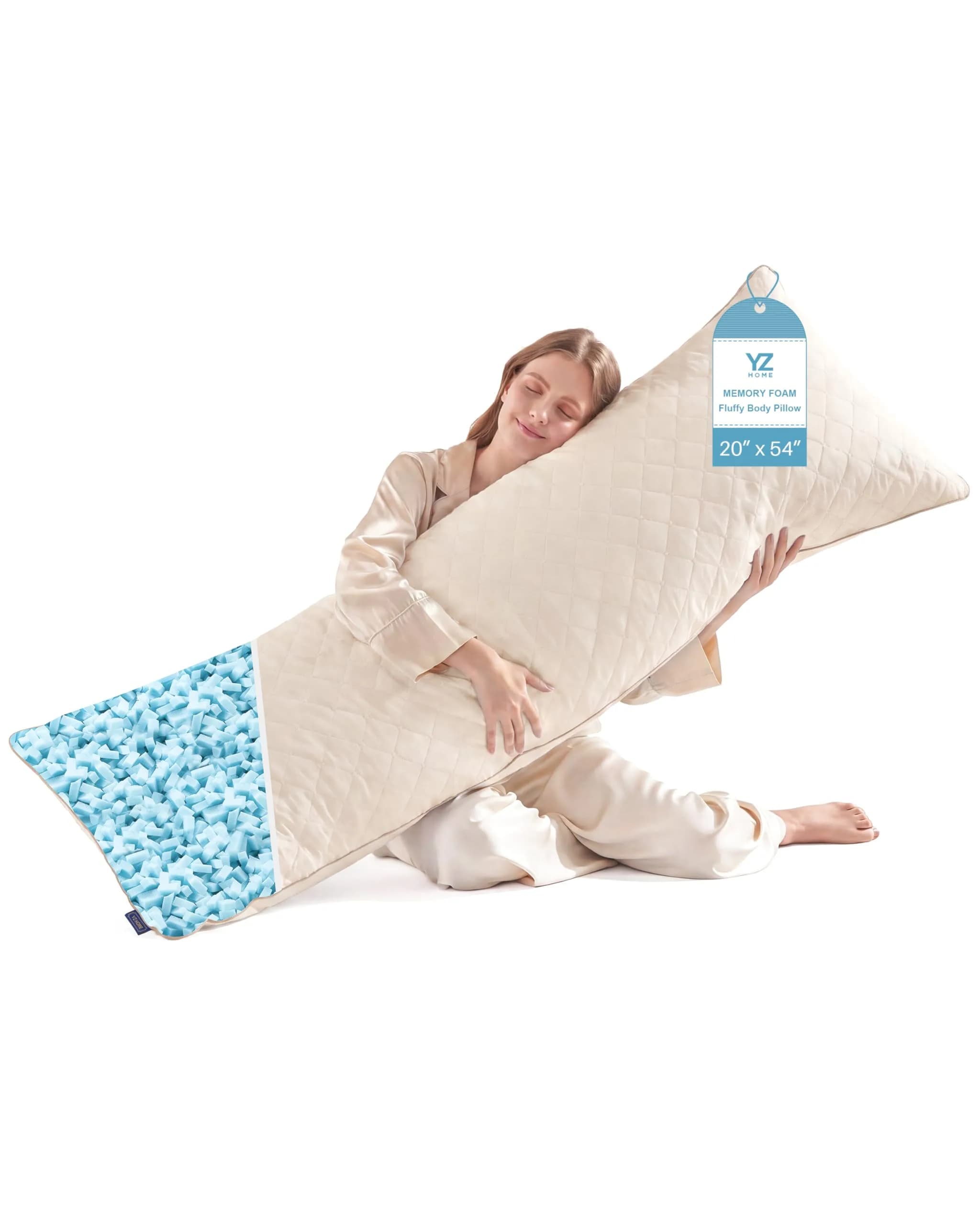 YZ HOME Long Body Pillow for Adults | Firm Support with Shredded Memory Foam (20x54 Inch, Grey) — Beige