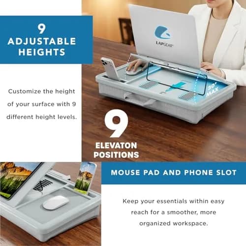 LapGear Ergonomic Pro Lap Desk Gray Fits 15.6" Laptops | 9-Height Adjustable with Mouse Pad & Storage thumbnail 4