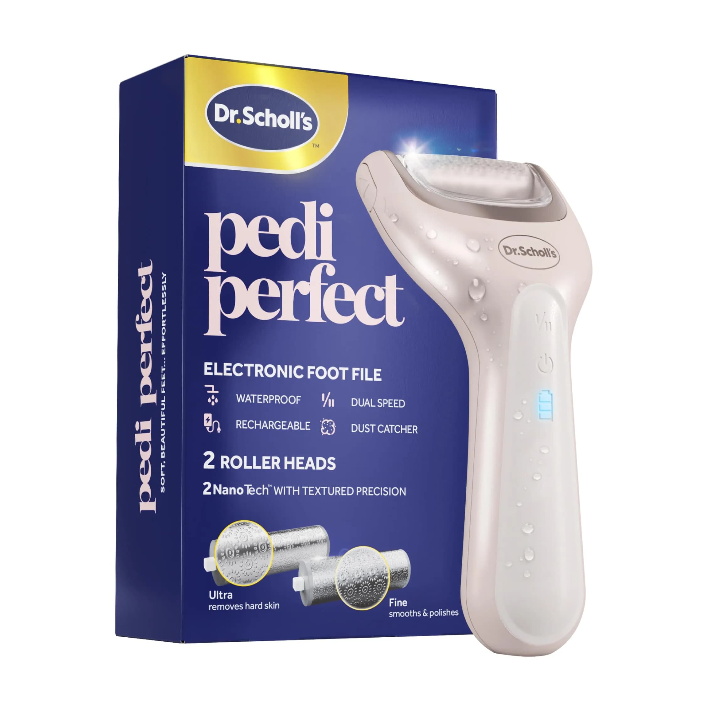 Dr. Scholl's Pedi Perfect Electric Foot Callus Remover with 2 Roller Heads | Waterproof, Rechargeable, 90 Min Run Time