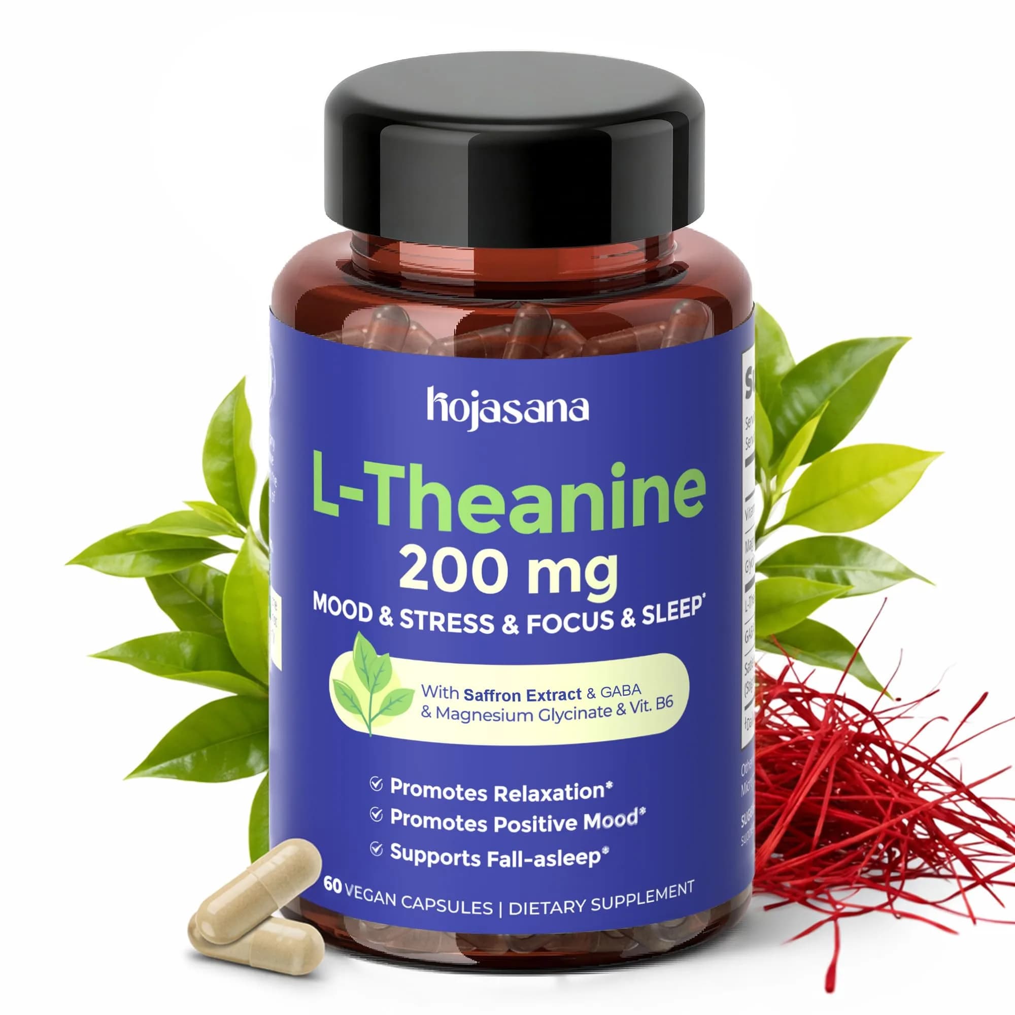 HojaSana L-Theanine 200mg with Saffron, GABA, Magnesium Glycinate & VIT.B6 | Supports Calm & Mood (110 chars)