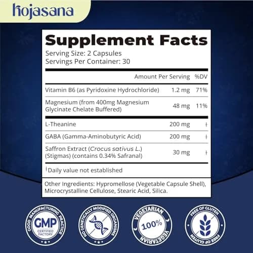HojaSana L-Theanine 200mg with Saffron, GABA, Magnesium Glycinate & VIT.B6 | Supports Calm & Mood (110 chars) thumbnail 8