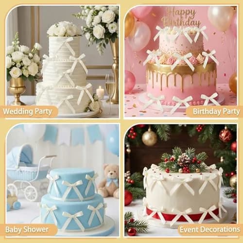 NatNarr Ivory Bow Cake Toppers 30 Pack | Handmade Polyester Ribbon for Party Decorations thumbnail 6