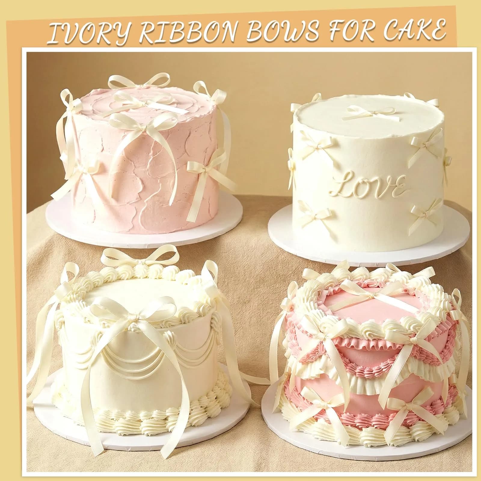 NatNarr Ivory Ribbon Bow Cake Toppers, 30 Pack | Handmade Polyester for Birthday & Wedding Decorations - view 2