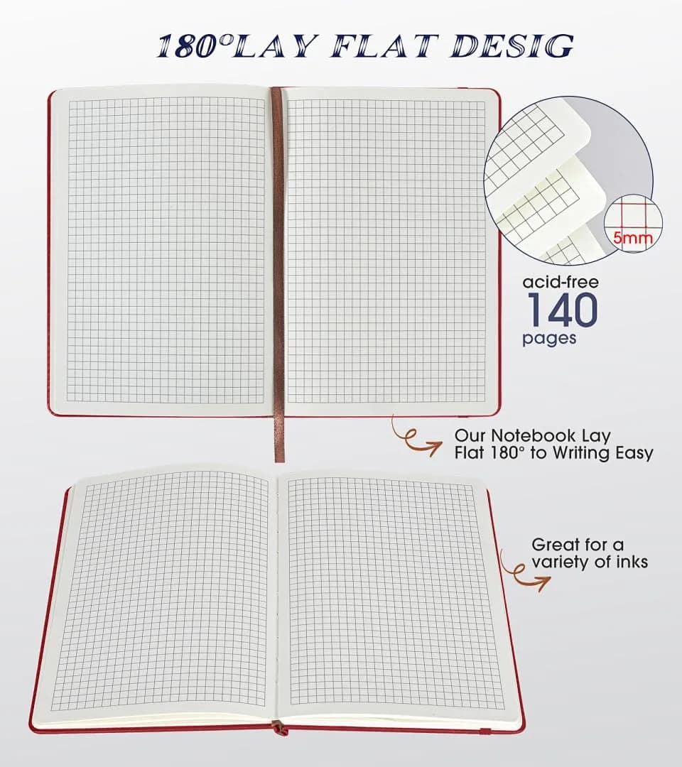 Biuwory A5 Graph Paper Notebook Journal (5.7"×8.3", 140 Pages, Wine Red) | Acid-Free Paper for Precise Writing - view 5