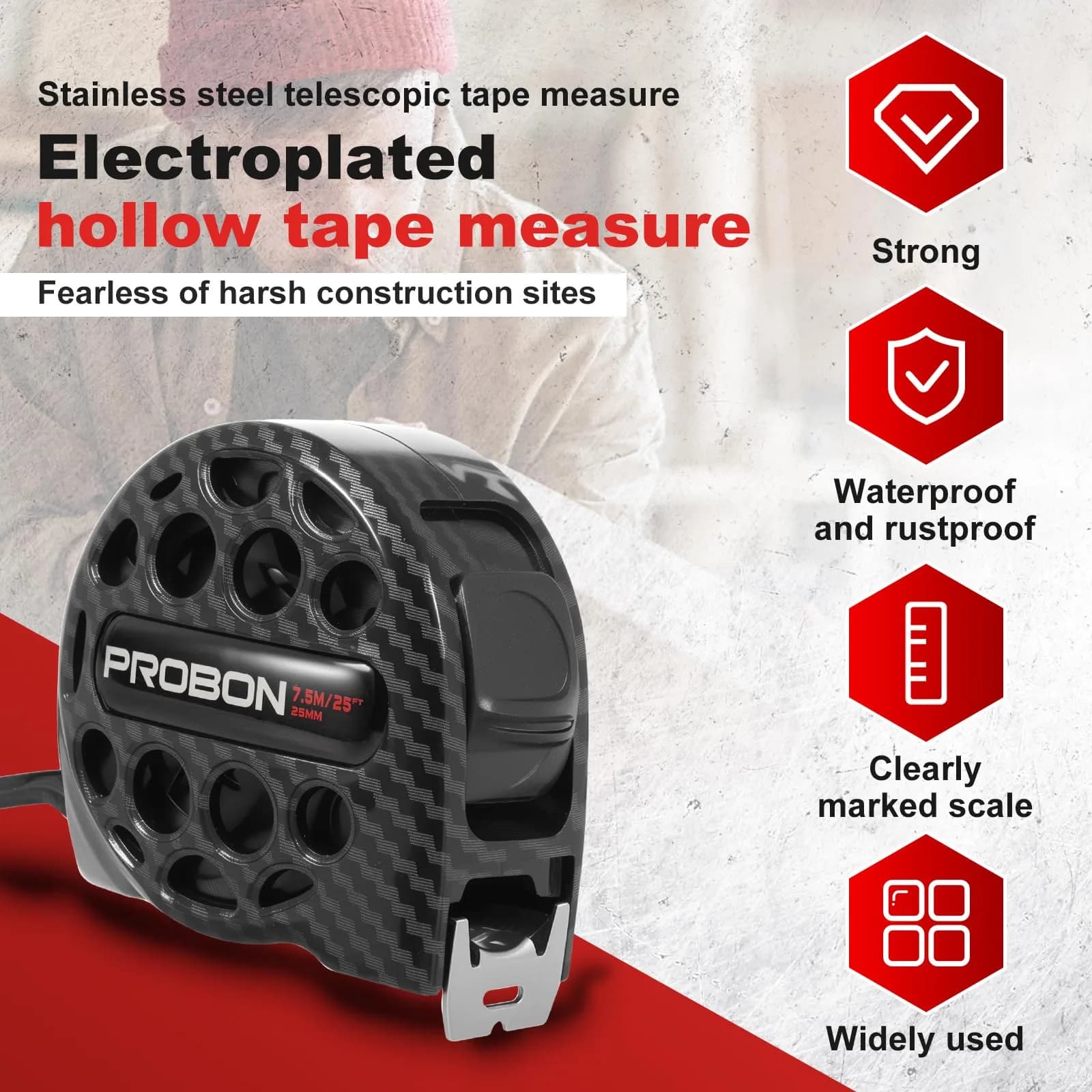HOTBEST 7.5m (25ft) Stainless Steel Tape Measure with Double Sided Scale | Waterproof Retractable Ruler for Construction - view 4