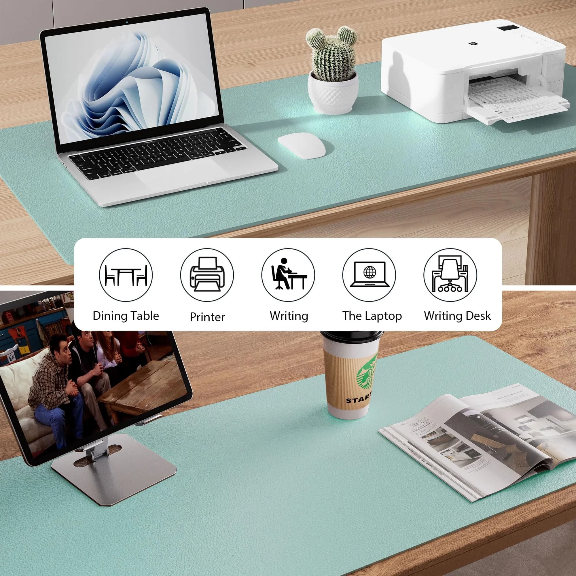 Aothia Faux Leather Desk Mat Light Blue 139.7cm x 60.96cm (55" x 24") | Non-Slip PU Leather Desk Blotter - view 6