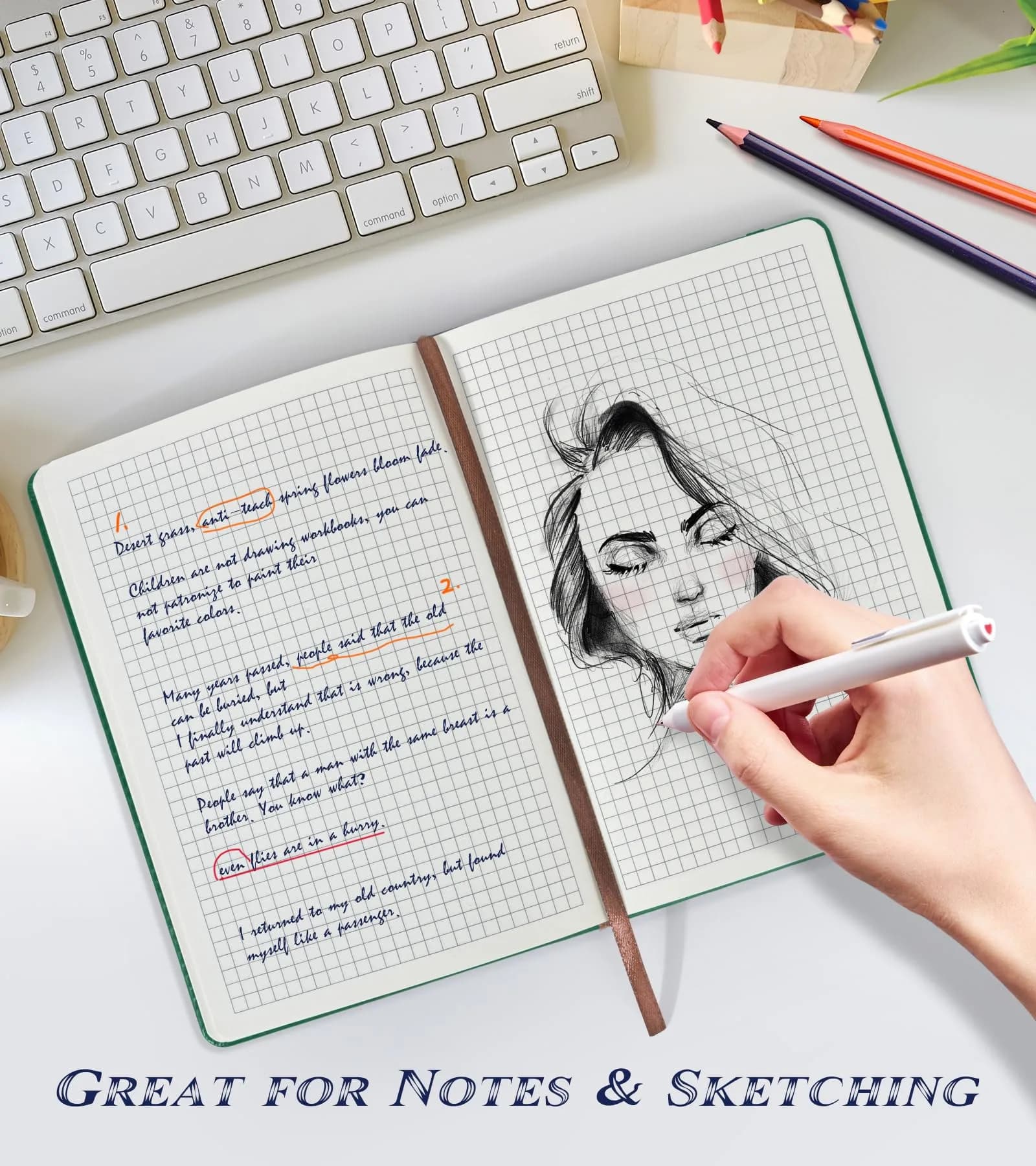 Biuwory Graph Paper Notebook Journal for Women Men, 140 Pages A5 (5.7"×8.3") Hardcover Leather-Look Grid Notebook - view 3